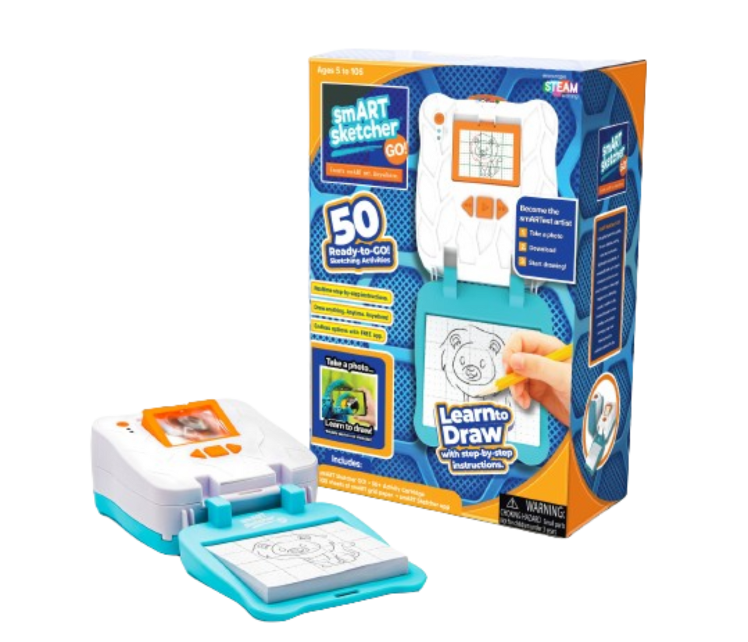 מצב פתוח של מקרן חכם לדרך !smART Sketcher® GO יחד עם אריזת הקרטון מאחוריו